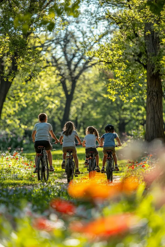Famiglia in bici di spalle in lontanza pedala in un viale immerso nel verde