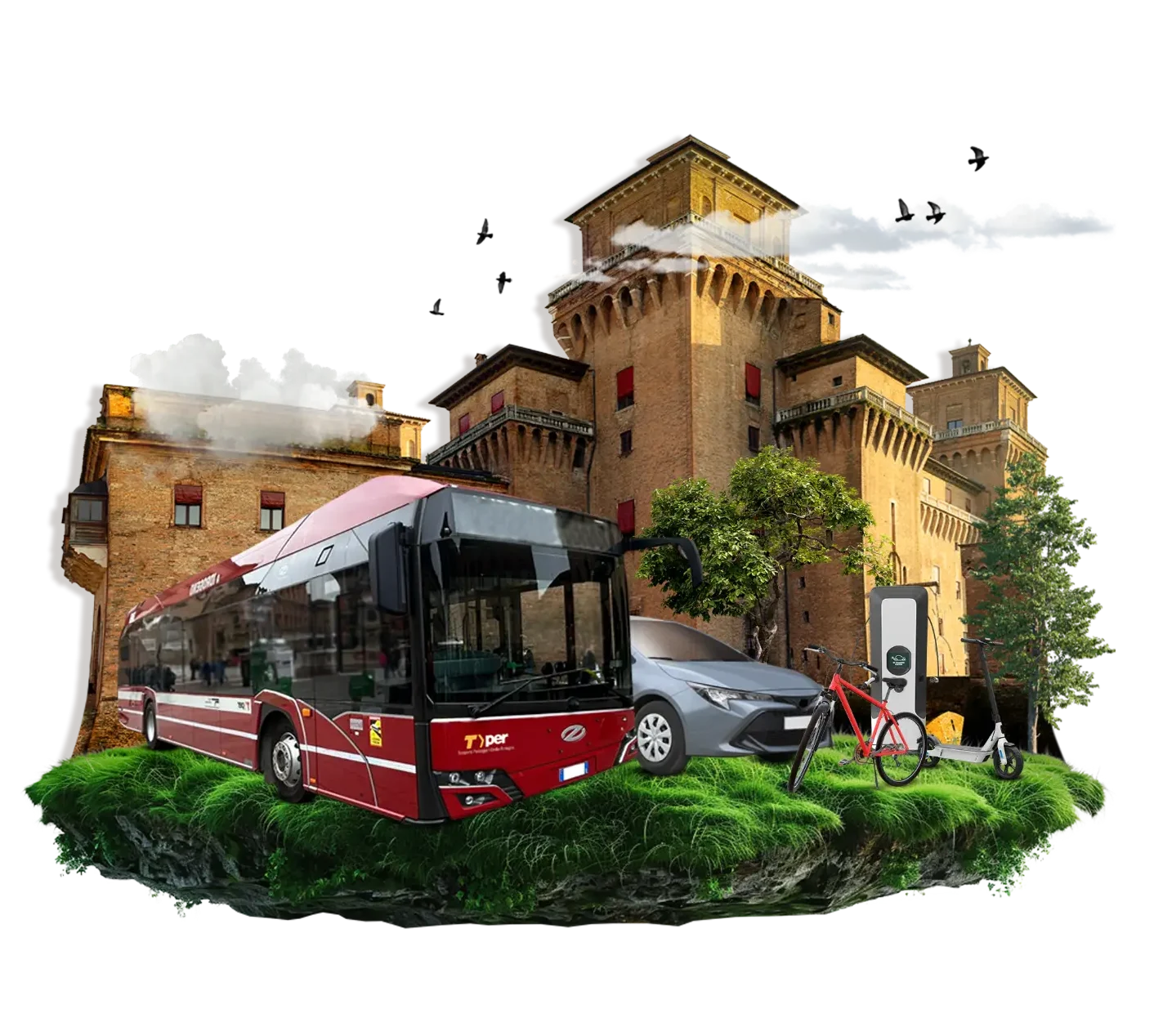 Visual Terreno sospeso con un autobus TPER rosso, auto utilitaria grigia, bici e colonnina di ricarica - Evvai - Mobilità per tutti Ferrara
